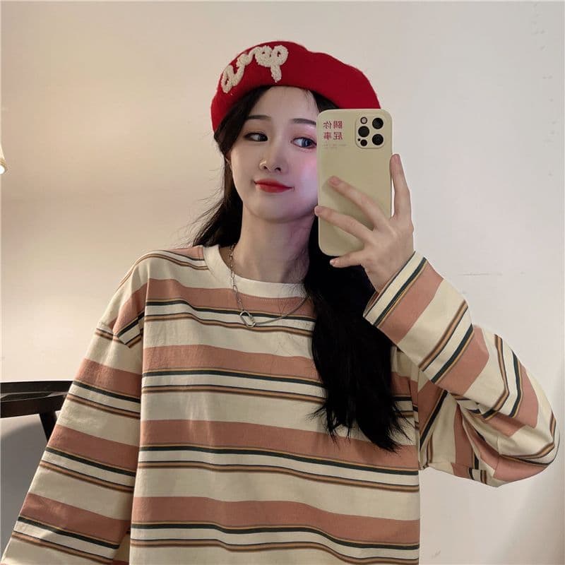 루즈핏 캐주얼 슬림해 보이는 다용도 긴팔 티셔츠 여성 스트라이프 맨위 기본 셔츠 상세 이미지 23