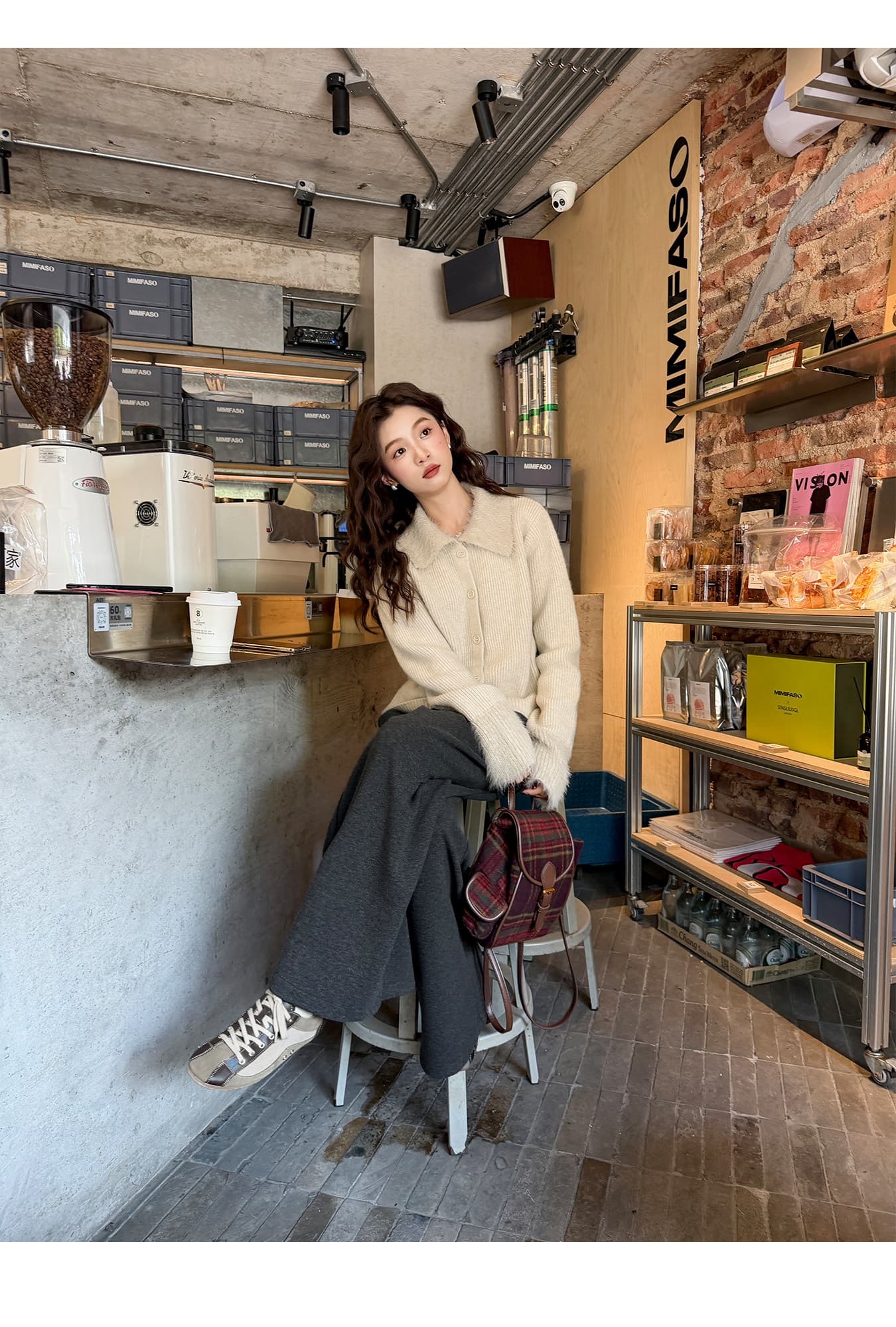 느긋한 바람 폴로 칼라 니트 오픈 가디건 여성 가을 겨울 루즈핏 고급 센스 스웨터 코트 패션 털 커프스 살구 색상 맨위 이미지 4