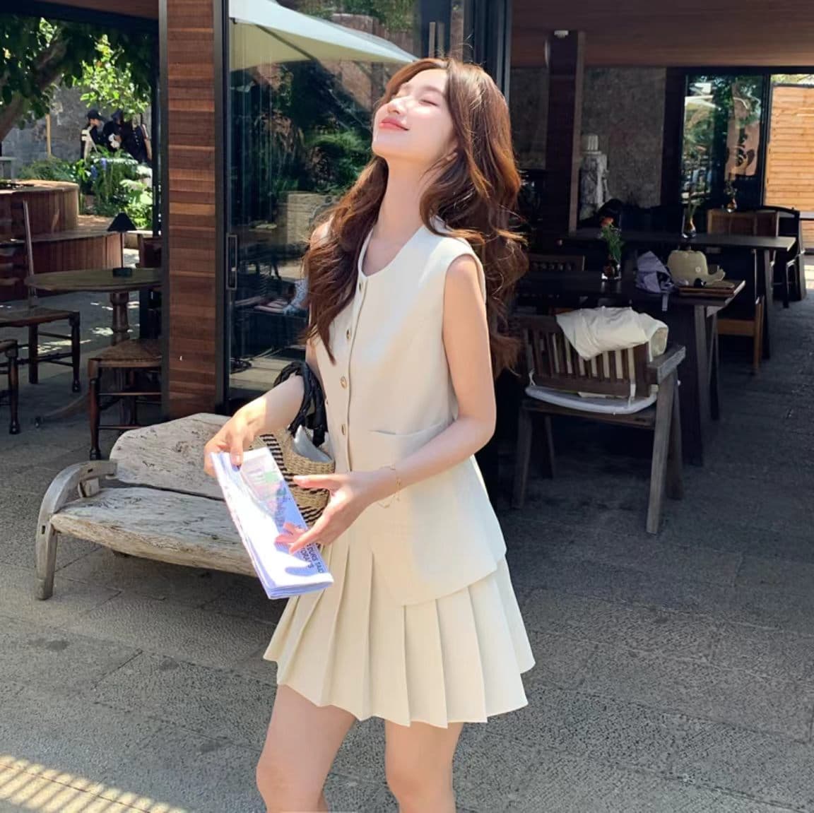 yiran salt 란 작은 샤넬 스타일 정장 베스트 미니 스커트 세트 여성 여름 조끼 맨위 플리츠 반신 스커트 투피스 세트 이미지 3