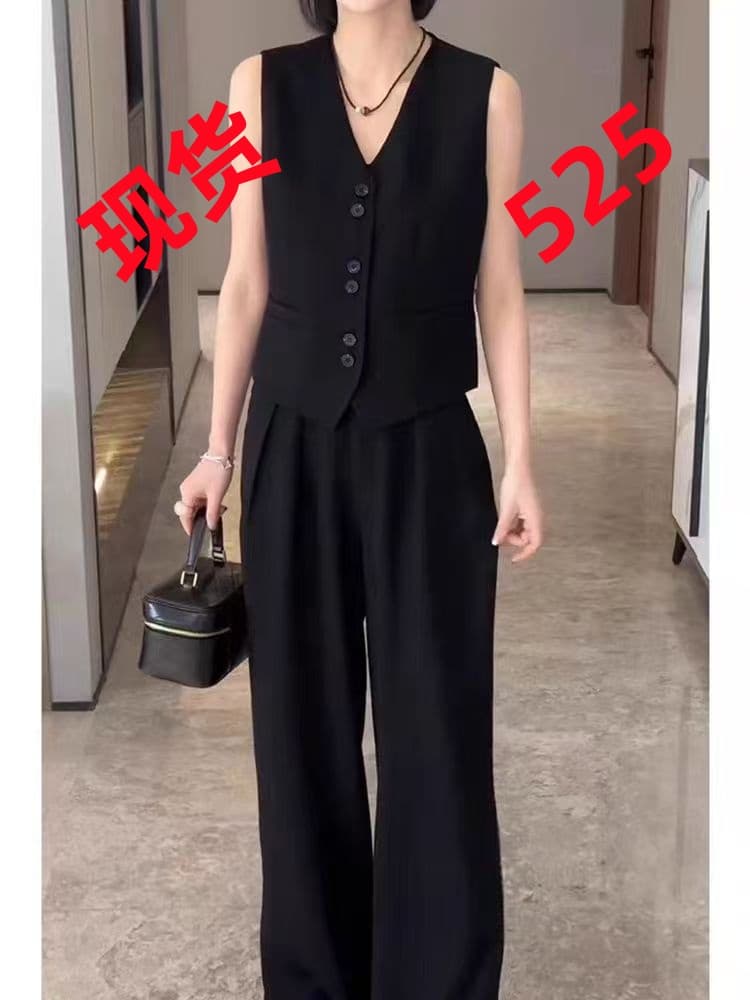 정장 베스트 세트 V넥 작은 조끼 여름 캐주얼 패션 검정색 와이드 레그 팬츠 긴 바지 작은 샤넬 스타일 투피스 세트