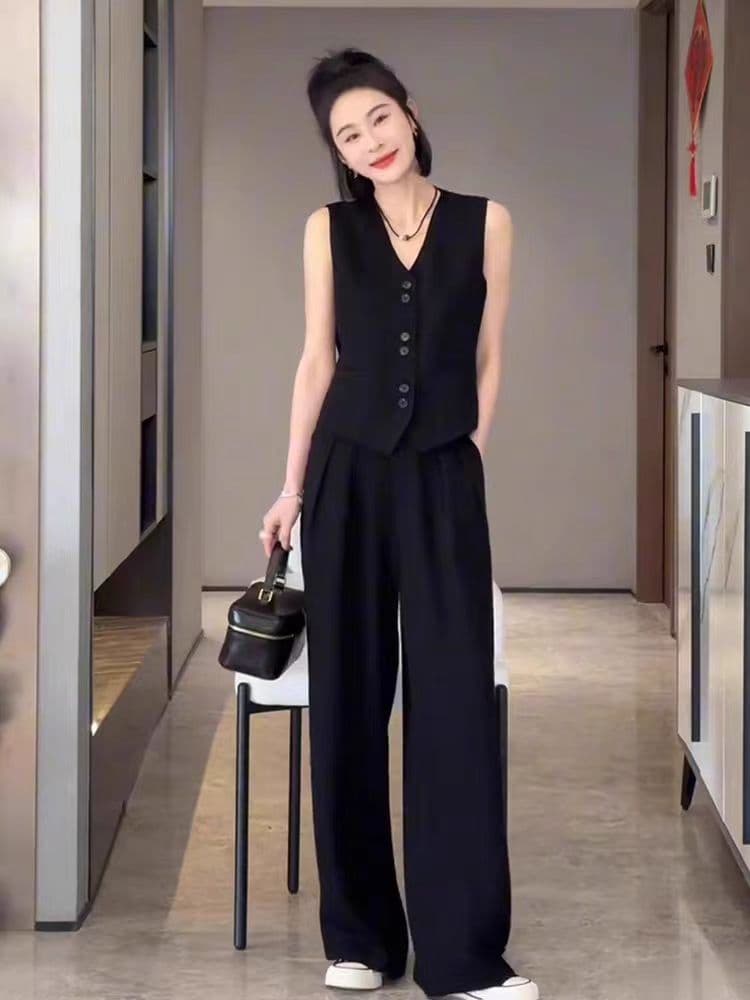 정장 베스트 세트 V넥 작은 조끼 여름 캐주얼 패션 검정색 와이드 레그 팬츠 긴 바지 작은 샤넬 스타일 투피스 세트 이미지 2
