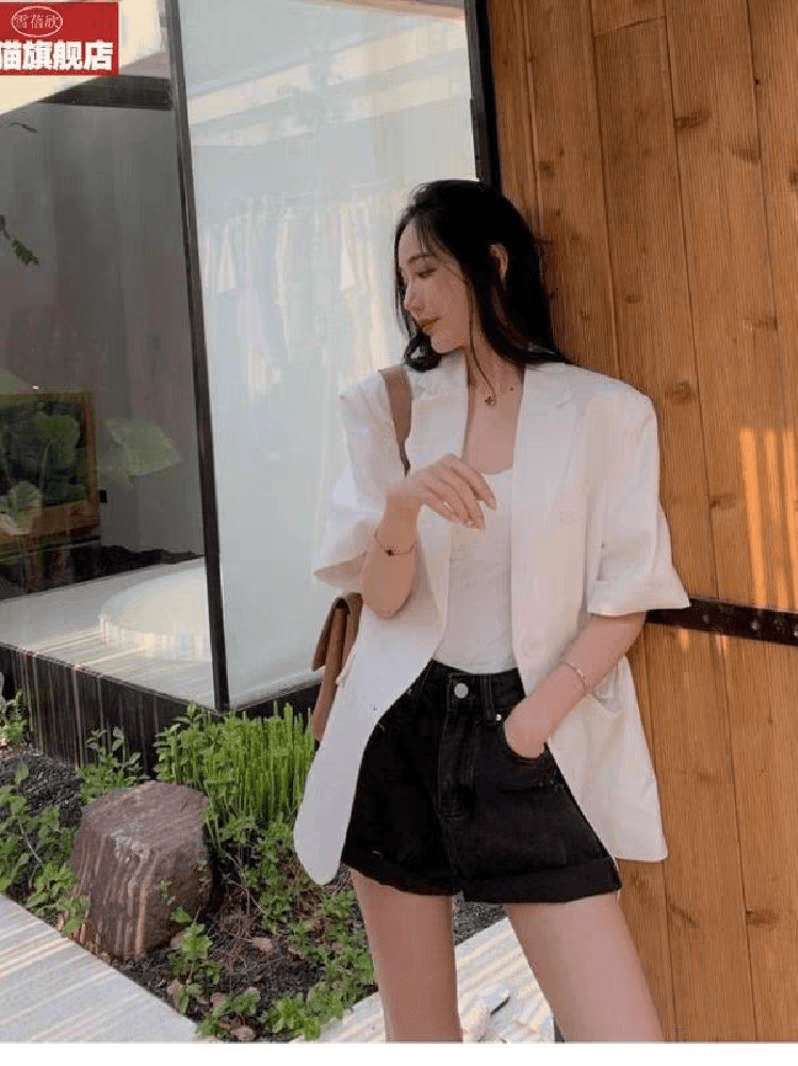 직각 어깨 화이트 새로운 정장 여성 코트 여름 얇은 스타일 반팔 검정색 캐주얼 정장 한국 스타일 루즈핏 맨위 이미지 2
