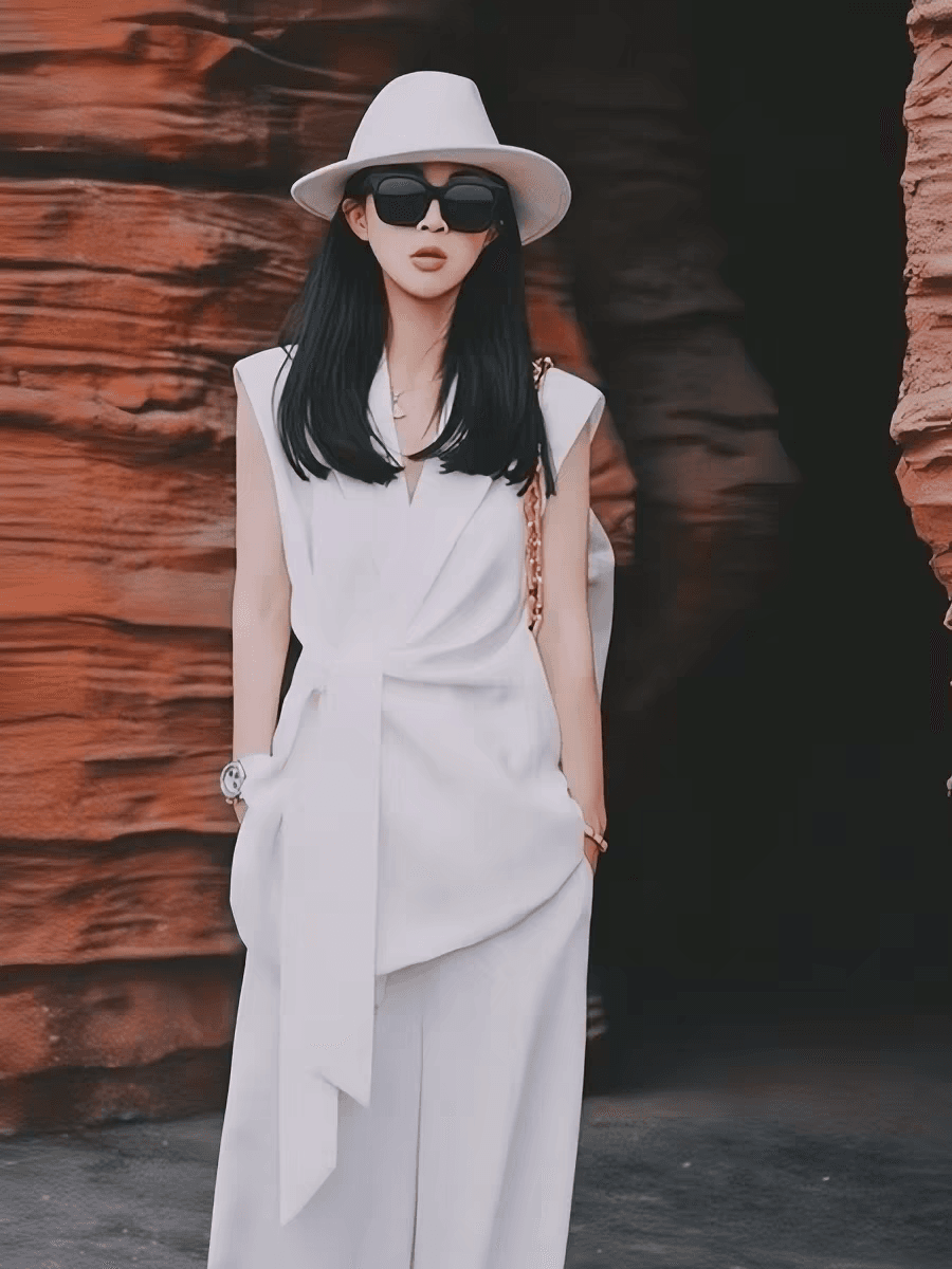 dengdaha 도시 현대 품격 바람 스트랩 허리 수축 베스트 와이드 레그 팬츠 세트 이미지 3