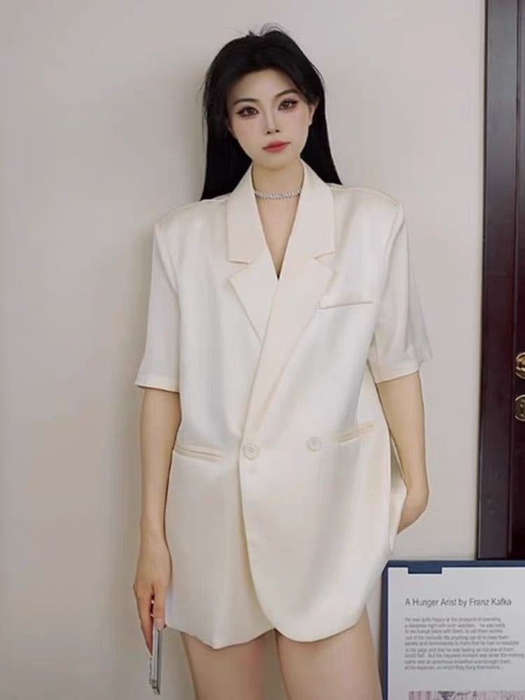 반팔 아세트산 정장 여성 코트 얇은 스타일 2026 여름 새로운 고급 센스 슬림해 보이는 캐주얼 루즈핏 화이트 정장 이미지 2