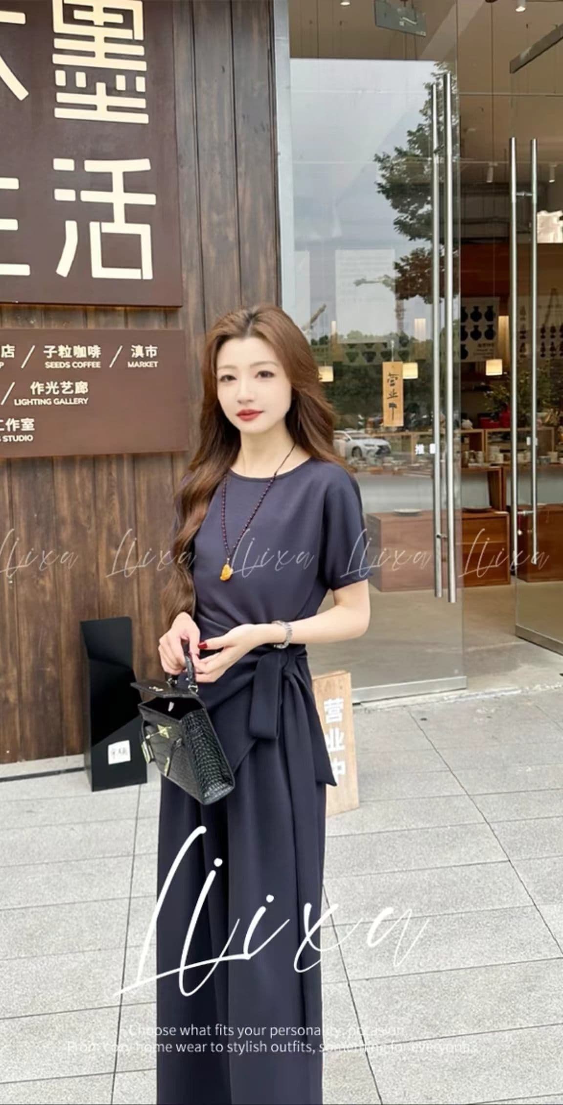 liixu 한 부서 고급 센스 착용 가져 가라. 비대칭 스트랩 허리 수축 반소매 얼음 실크 도루 센스 넓은 이미지 3