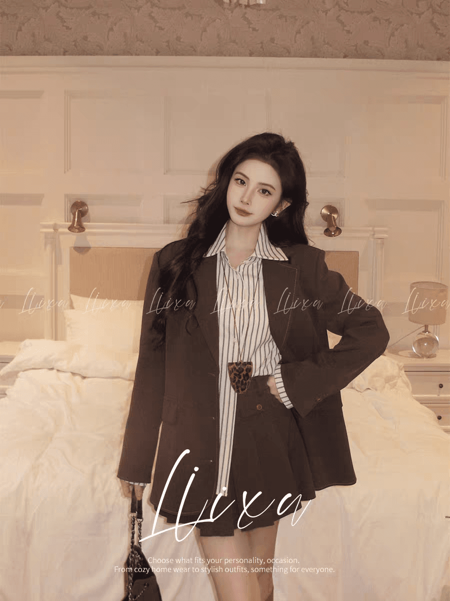 봄 가을 새로운 프랑스식 레트로 정장 칼라 긴팔 정장 여성 코트 하이웨이스트 슬림해 보이는 플리츠 반신 스커트 투피스 세트