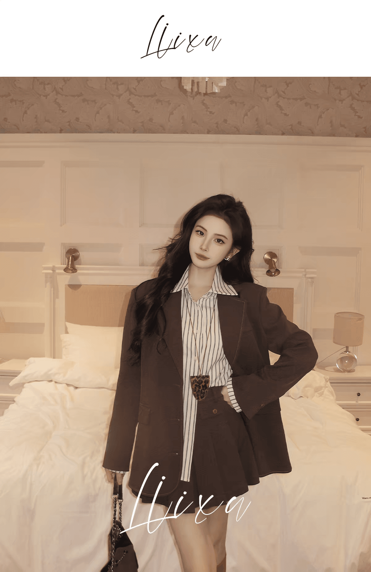 봄 가을 새로운 프랑스식 레트로 정장 칼라 긴팔 정장 여성 코트 하이웨이스트 슬림해 보이는 플리츠 반신 스커트 투피스 세트 이미지 3