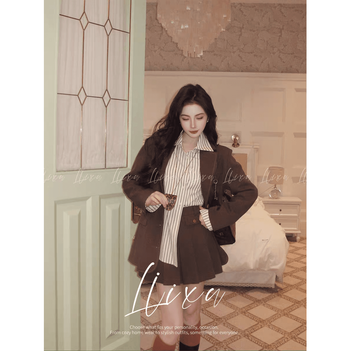 봄 가을 새로운 프랑스식 레트로 정장 칼라 긴팔 정장 여성 코트 하이웨이스트 슬림해 보이는 플리츠 반신 스커트 투피스 세트 이미지 5