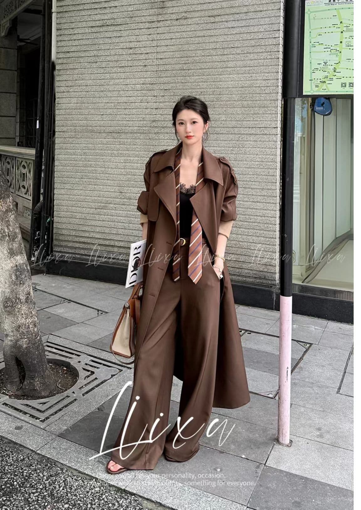 liixu 이른 가을 세트 여성 영국식 바람 롱 코트 무릎 아래 재킷 재킷 하이웨이스트 도루 센스 와이드 레그 팬츠 품격 착용 가져 가라. 이미지 2