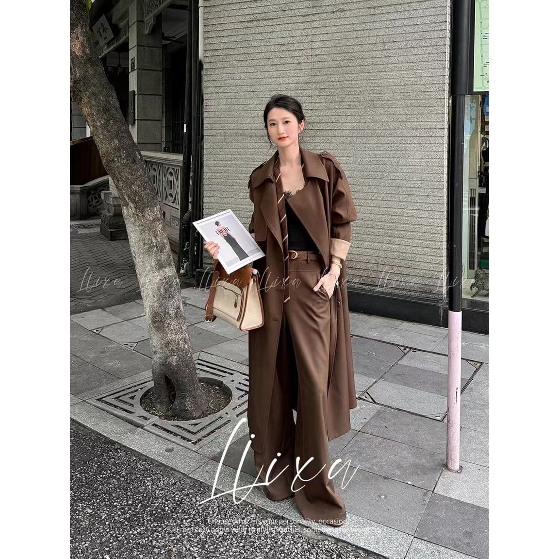 liixu 이른 가을 세트 여성 영국식 바람 롱 코트 무릎 아래 재킷 재킷 하이웨이스트 도루 센스 와이드 레그 팬츠 품격 착용 가져 가라. 이미지 3