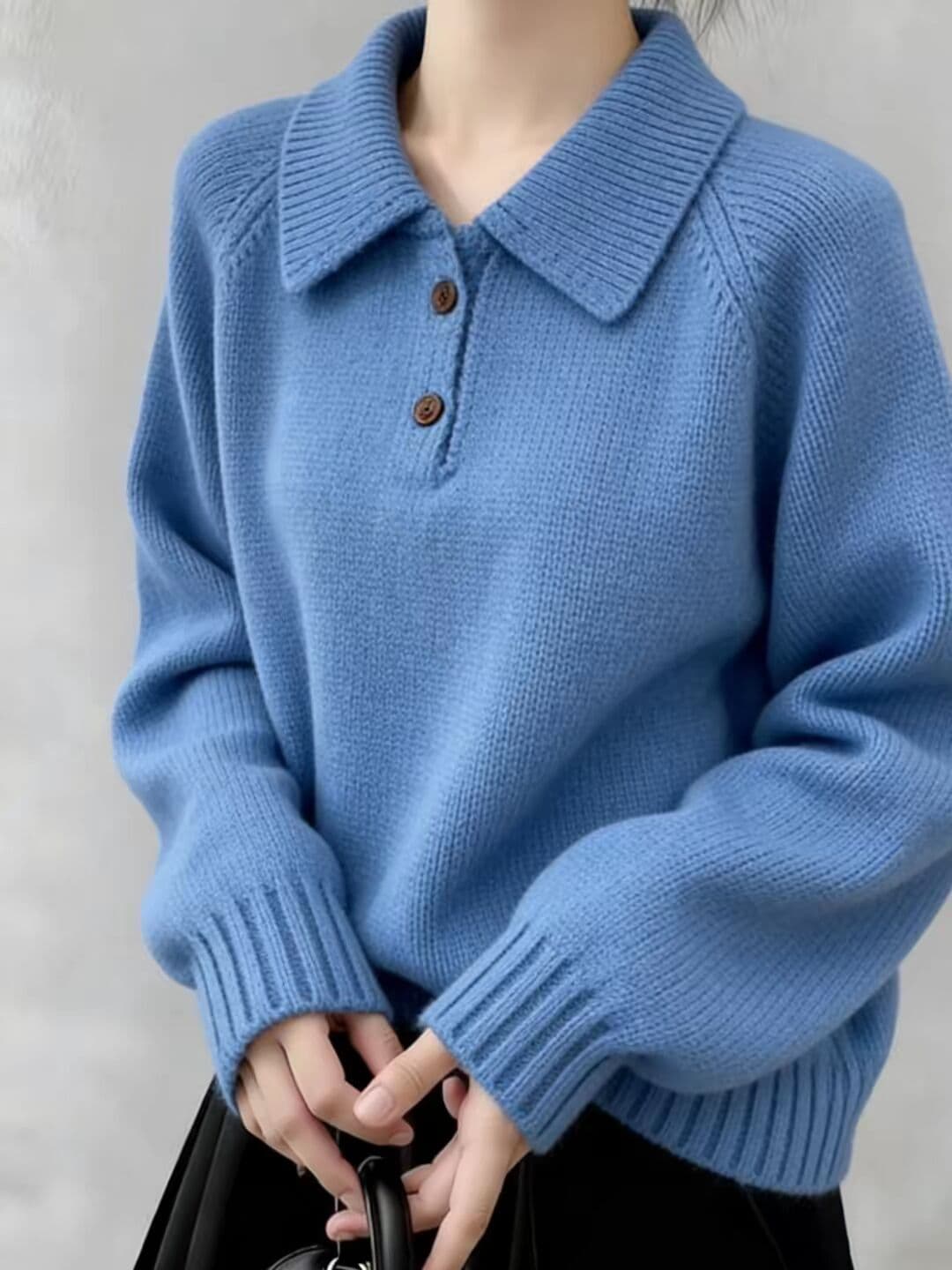 여성 의류 한국 스타일 새로운 파란색 polo 폴로 칼라 스웨터 가을 겨울 두꺼운 루즈핏 니트 스웨터 맨위 이미지 2
