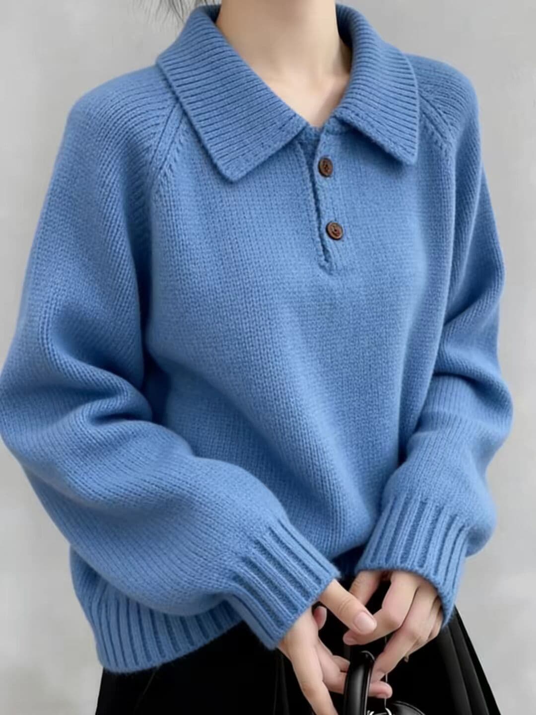 여성 의류 한국 스타일 새로운 파란색 polo 폴로 칼라 스웨터 가을 겨울 두꺼운 루즈핏 니트 스웨터 맨위 이미지 4