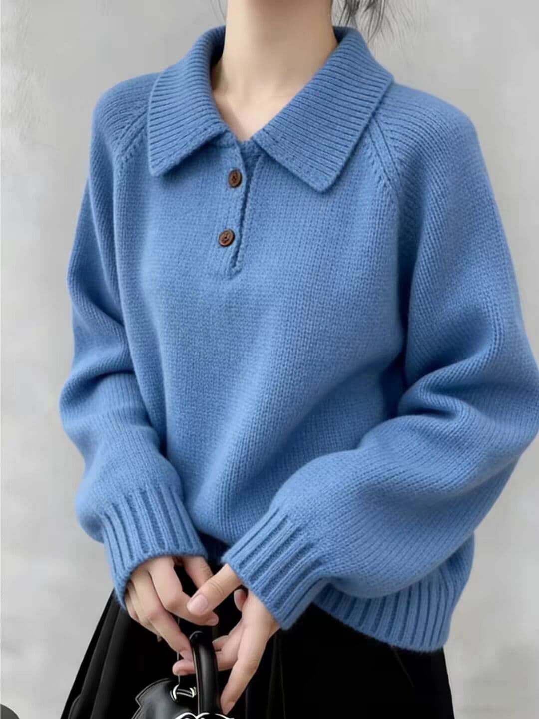 여성 의류 한국 스타일 새로운 파란색 polo 폴로 칼라 스웨터 가을 겨울 두꺼운 루즈핏 니트 스웨터 맨위 상세 이미지 1