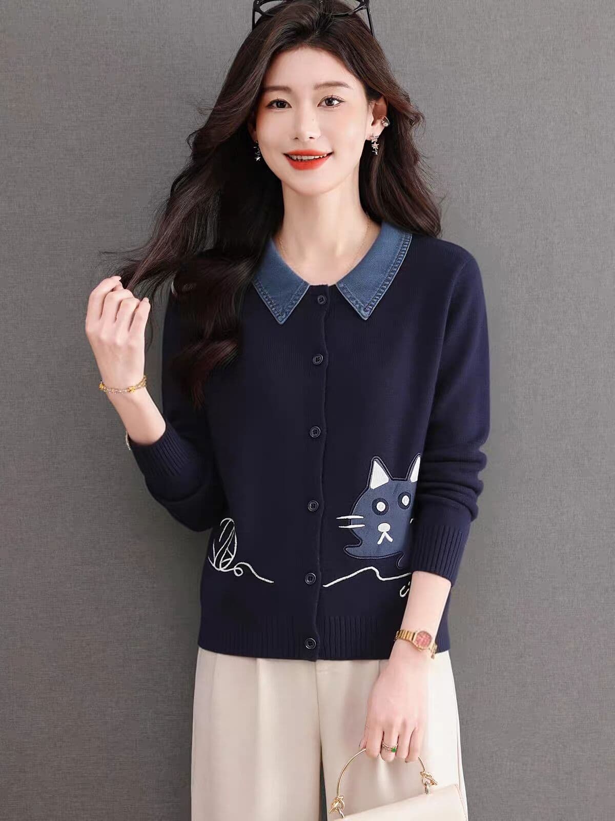데님 셔츠 폴로 칼라 자카드 니트 스웨터 여성 가을 착용 가져 가라. 페이크 레이어드 스웨터 오픈 가디건 고급 센스 회색 재킷 이미지 3