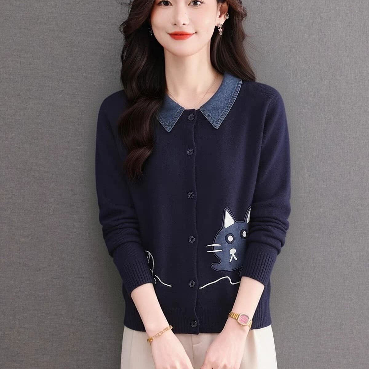 데님 셔츠 폴로 칼라 자카드 니트 스웨터 여성 가을 착용 가져 가라. 페이크 레이어드 스웨터 오픈 가디건 고급 센스 회색 재킷 이미지 5