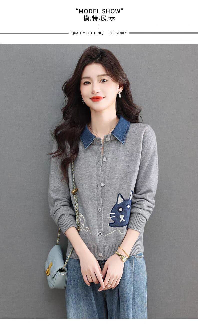 데님 셔츠 폴로 칼라 자카드 니트 스웨터 여성 가을 착용 가져 가라. 페이크 레이어드 스웨터 오픈 가디건 고급 센스 회색 재킷 상세 이미지 5