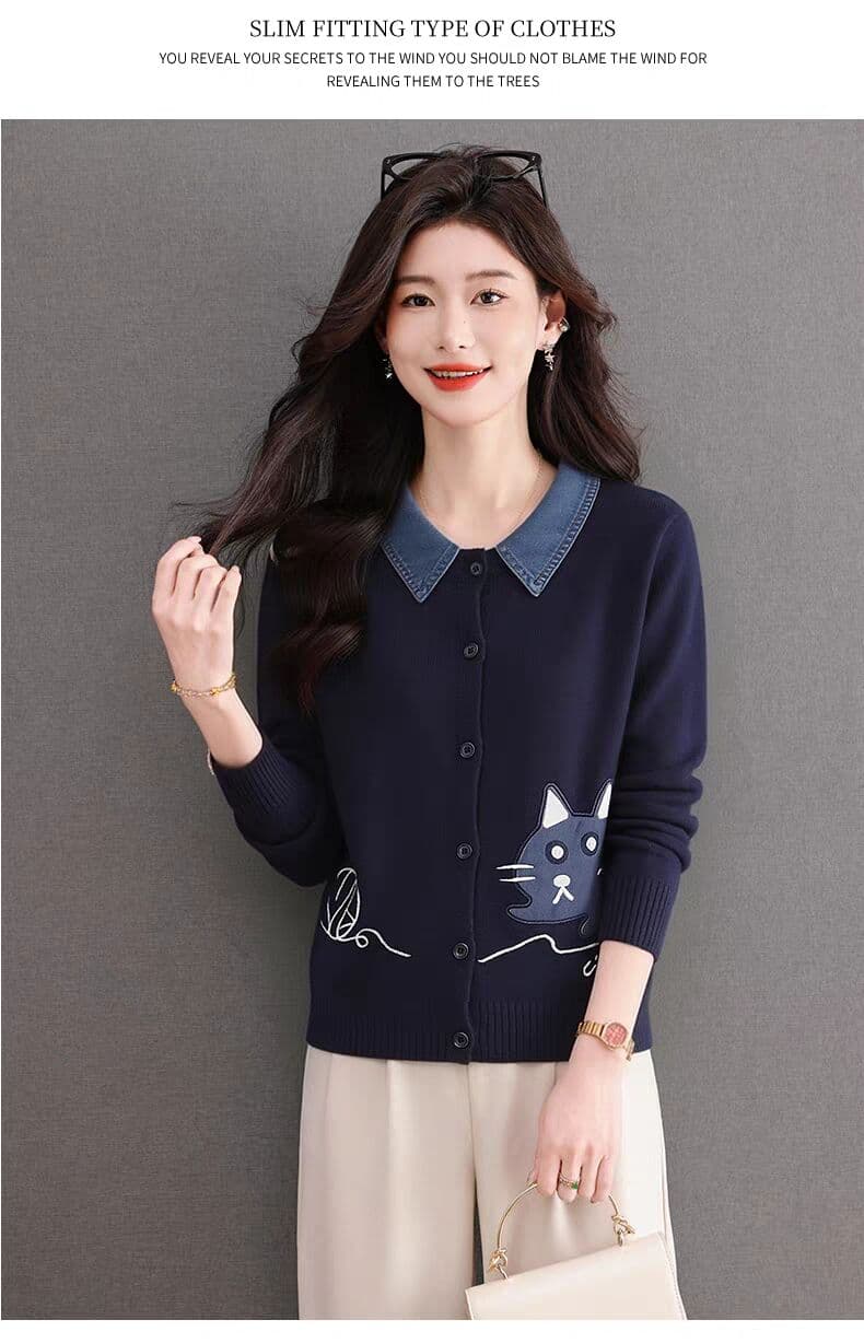 데님 셔츠 폴로 칼라 자카드 니트 스웨터 여성 가을 착용 가져 가라. 페이크 레이어드 스웨터 오픈 가디건 고급 센스 회색 재킷 상세 이미지 11