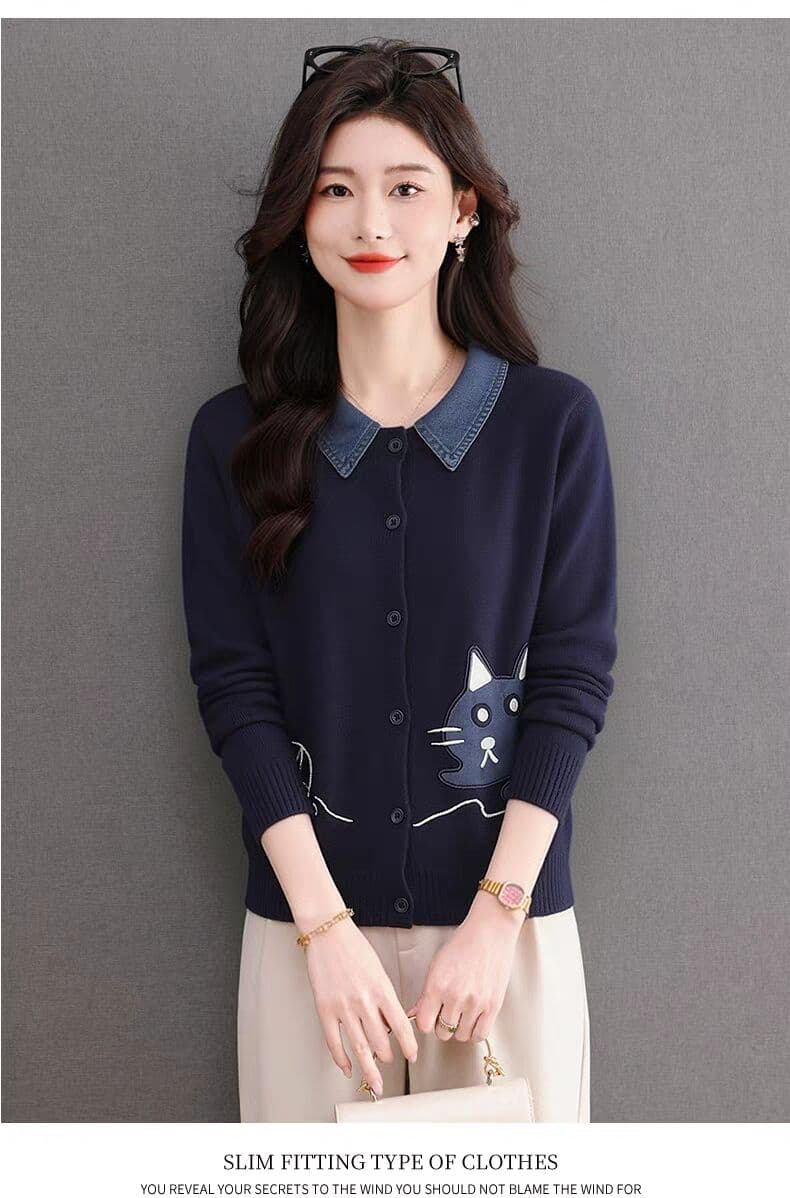 데님 셔츠 폴로 칼라 자카드 니트 스웨터 여성 가을 착용 가져 가라. 페이크 레이어드 스웨터 오픈 가디건 고급 센스 회색 재킷 상세 이미지 16
