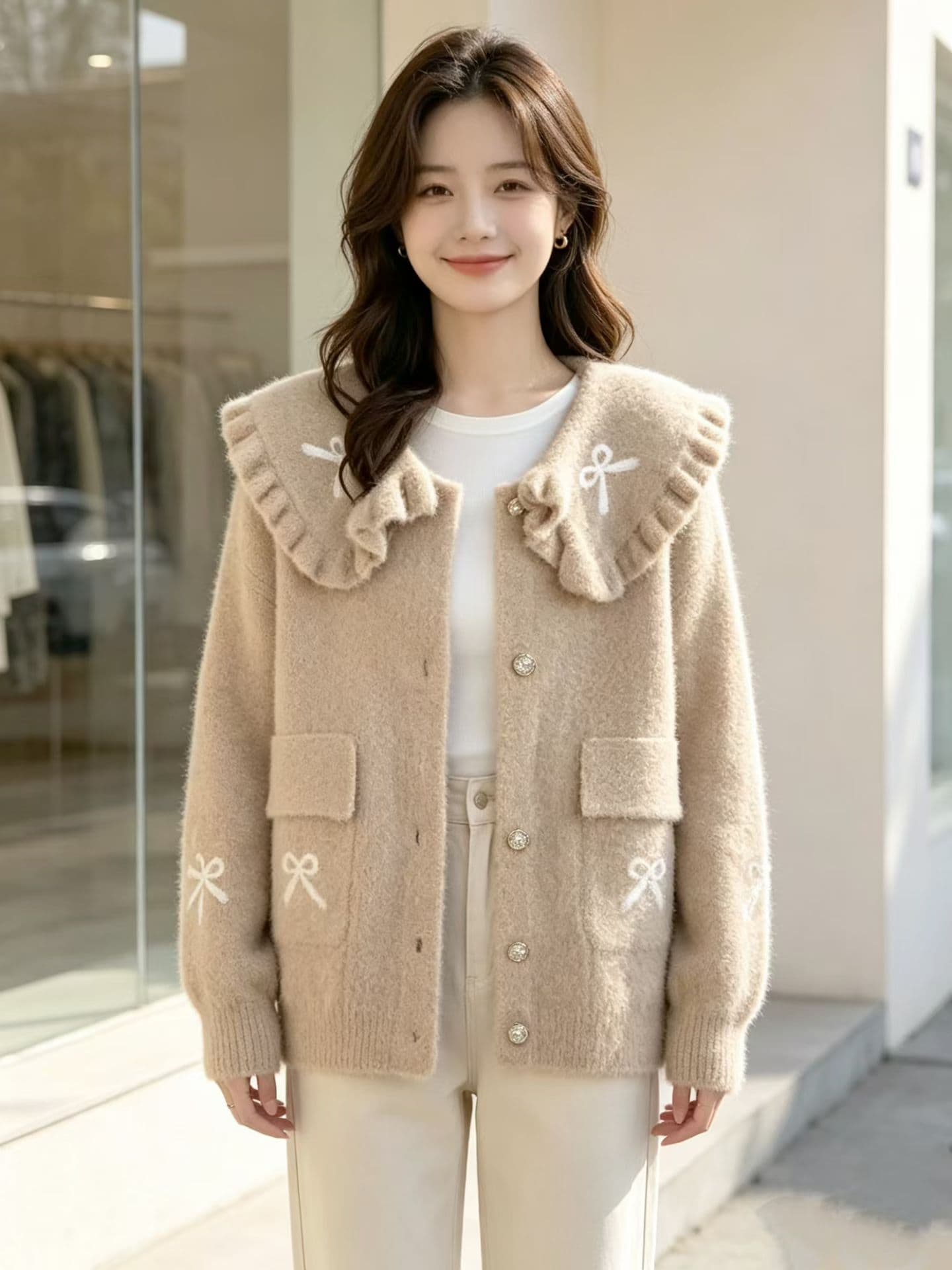 베이비 칼라 여성 가을 겨울 새로운 외부 물 밍크 울 프릴 외국 가스 세련된 외국 가스 오픈 가디건 맨위