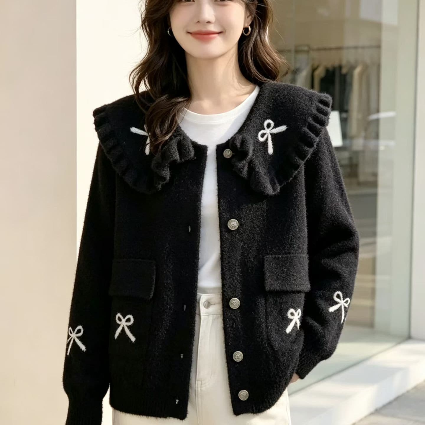 베이비 칼라 여성 가을 겨울 새로운 외부 물 밍크 울 프릴 외국 가스 세련된 외국 가스 오픈 가디건 맨위 이미지 5