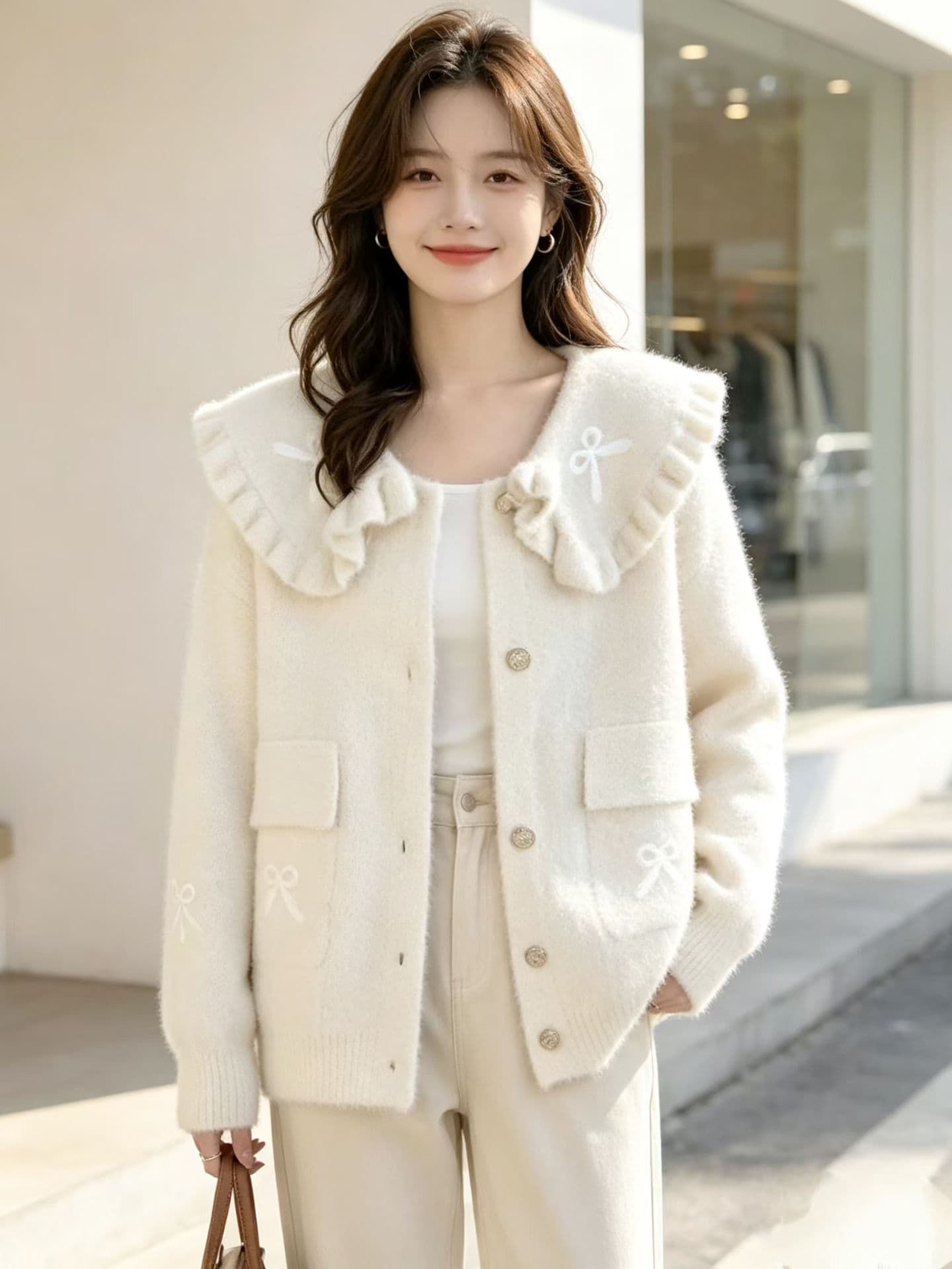 베이비 칼라 여성 가을 겨울 새로운 외부 물 밍크 울 프릴 외국 가스 세련된 외국 가스 오픈 가디건 맨위 상세 이미지 2