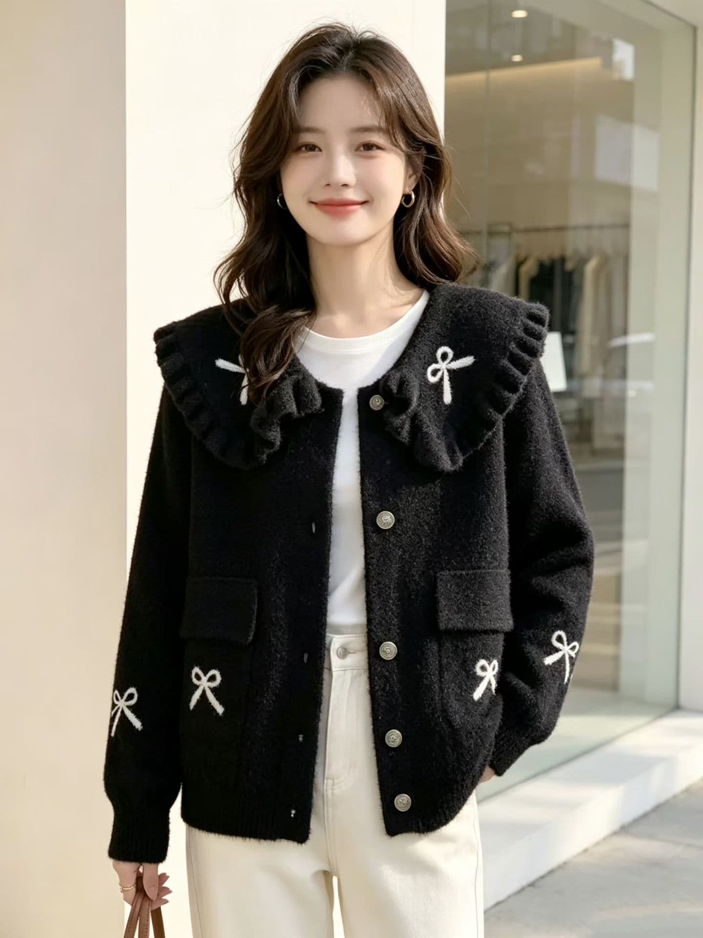 베이비 칼라 여성 가을 겨울 새로운 외부 물 밍크 울 프릴 외국 가스 세련된 외국 가스 오픈 가디건 맨위 상세 이미지 4