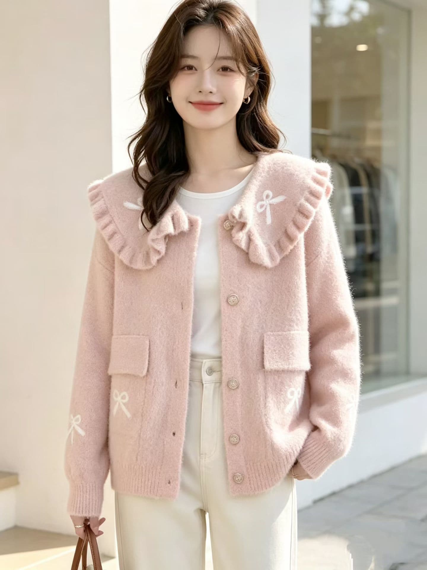 베이비 칼라 여성 가을 겨울 새로운 외부 물 밍크 울 프릴 외국 가스 세련된 외국 가스 오픈 가디건 맨위 상세 이미지 5