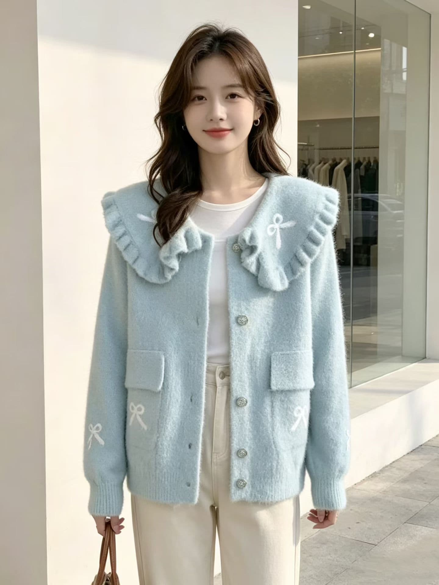 베이비 칼라 여성 가을 겨울 새로운 외부 물 밍크 울 프릴 외국 가스 세련된 외국 가스 오픈 가디건 맨위 상세 이미지 6