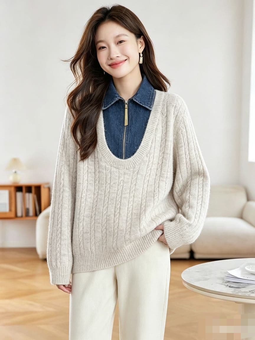 데님 패치워크 페이크 레이어드 긴팔 니트 스웨터 가을 겨울 2026 새로운 빅 사이즈 여성 폭발 스웨터 맨위 이미지 3