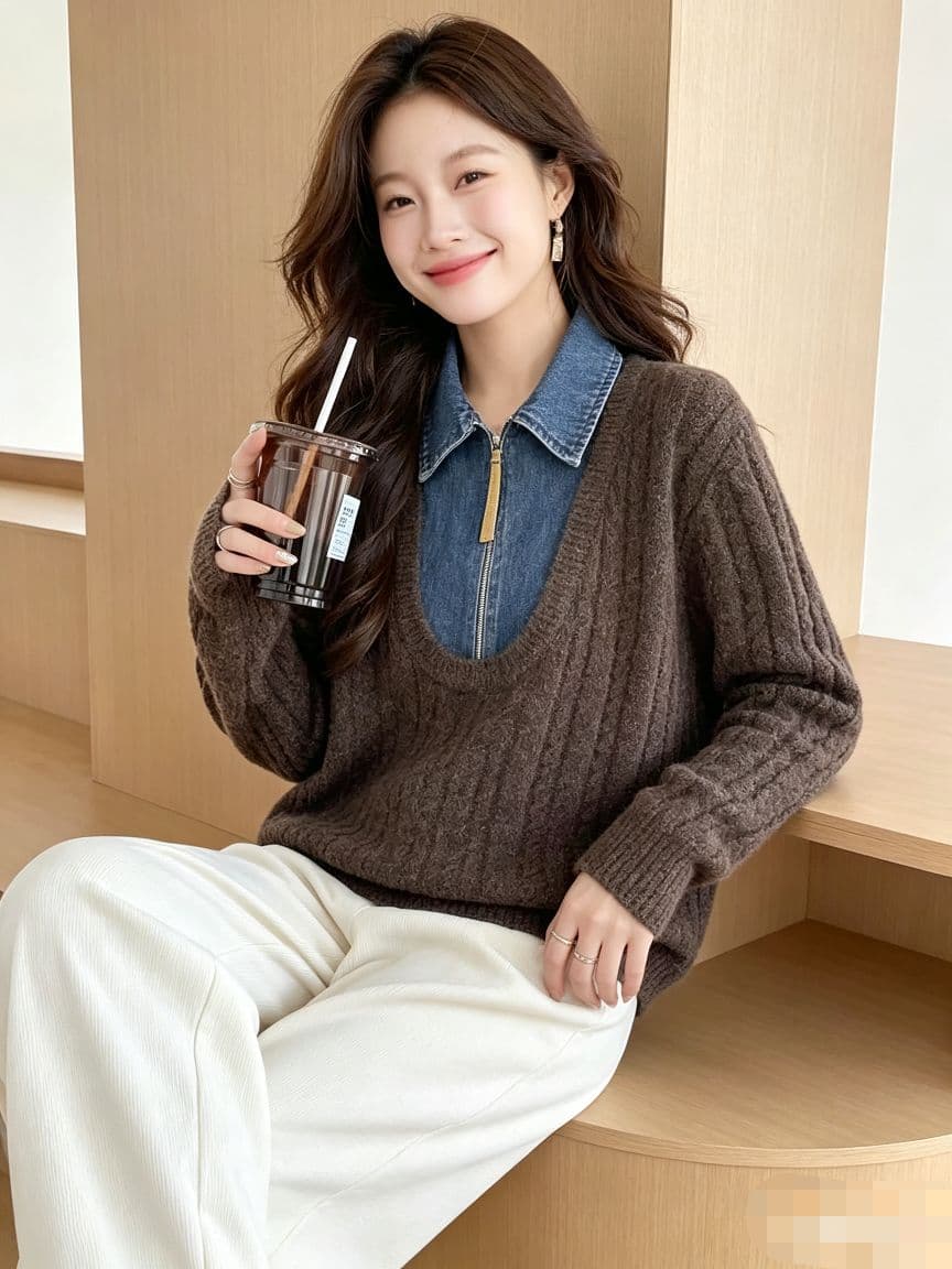 데님 패치워크 페이크 레이어드 긴팔 니트 스웨터 가을 겨울 2026 새로운 빅 사이즈 여성 폭발 스웨터 맨위 상세 이미지 1