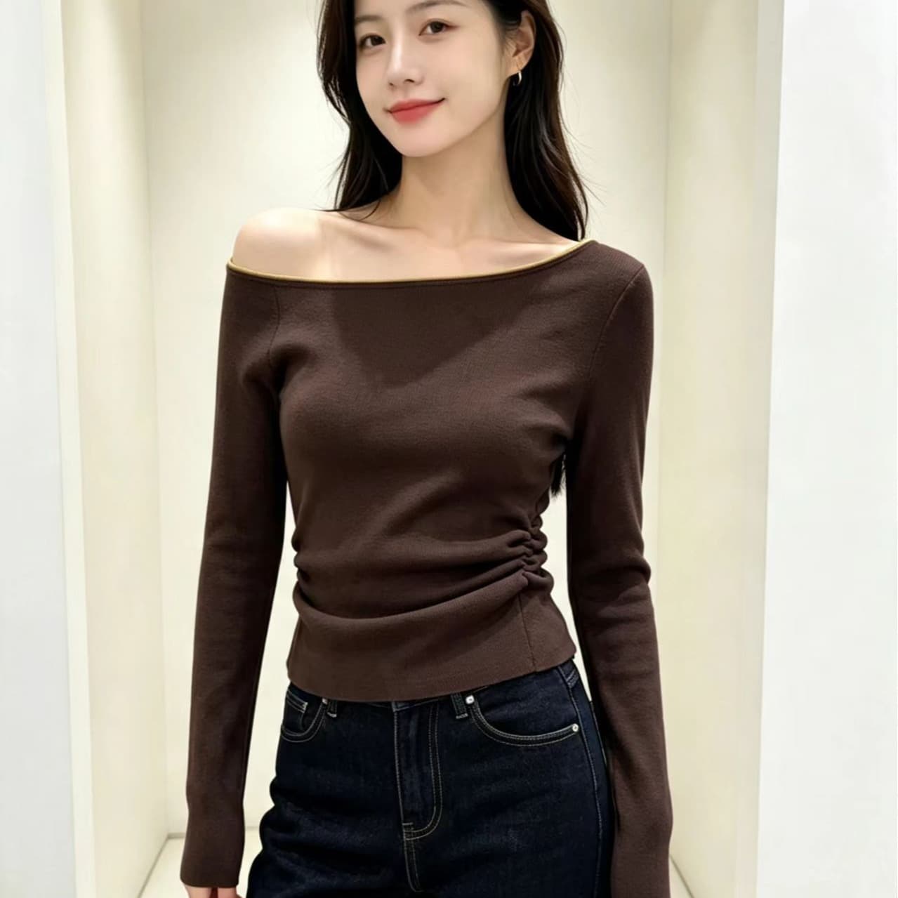 보트넥 니트 스웨터 여성 가을 새로운 미니멀리즘 오프숄더 기본 셔츠 꼬집기 허리 몸매 가꾸기 슬림해 보이는 맨위 이미지 5