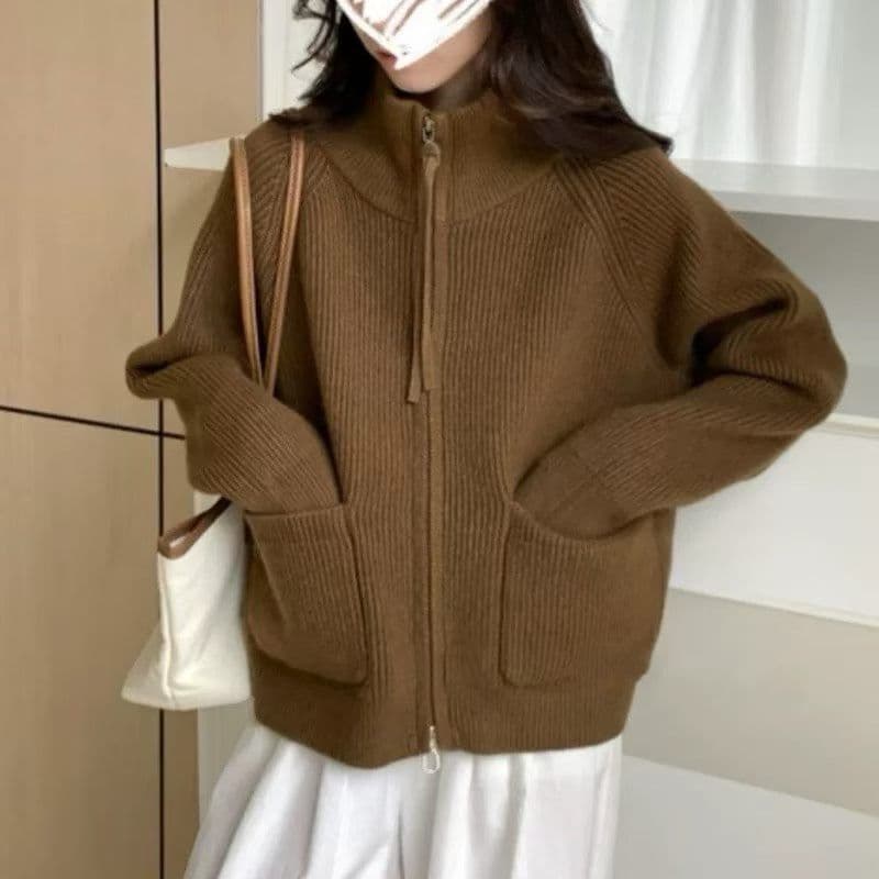 두꺼운 루즈핏 빅 포켓 스탠드 칼라 더블 지퍼 삽입 어깨 소매 인터넷 에디션 스택 바늘 짠 셔츠 여성 코트 가을과 겨울 이미지 2