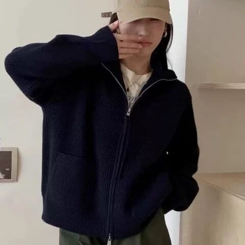 두꺼운 루즈핏 빅 포켓 스탠드 칼라 더블 지퍼 삽입 어깨 소매 인터넷 에디션 스택 바늘 짠 셔츠 여성 코트 가을과 겨울 상세 이미지 3