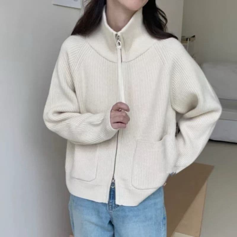 두꺼운 루즈핏 빅 포켓 스탠드 칼라 더블 지퍼 삽입 어깨 소매 인터넷 에디션 스택 바늘 짠 셔츠 여성 코트 가을과 겨울 상세 이미지 6