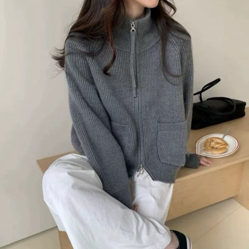 두꺼운 루즈핏 빅 포켓 스탠드 칼라 더블 지퍼 삽입 어깨 소매 인터넷 에디션 스택 바늘 짠 셔츠 여성 코트 가을과 겨울 상세 이미지 9