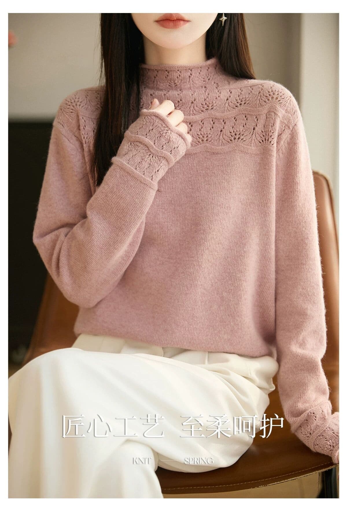 프랑스식 무거운 작업 자수 반하이넥 니트 스웨터 여성 루즈핏 느긋한 스웨터 긴팔 보온 기본 셔츠 상세 이미지 10