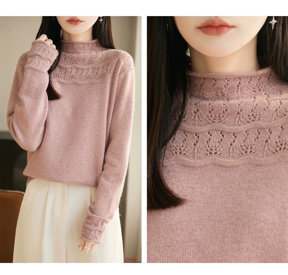 프랑스식 무거운 작업 자수 반하이넥 니트 스웨터 여성 루즈핏 느긋한 스웨터 긴팔 보온 기본 셔츠 상세 이미지 12