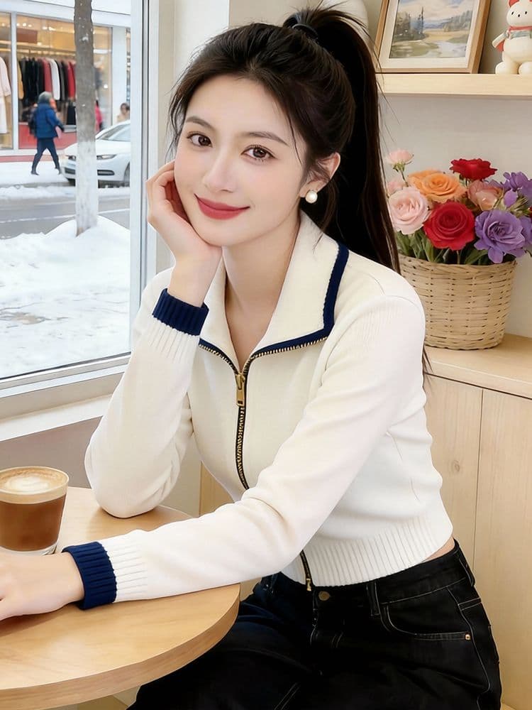 2026 새로운 여성 의류 가을 겨울철 슬림해 보이는 외국 가스 품격 다용도 긴팔 쇼트 스타일 스웨터 회색 폴로 칼라 니트 스웨터 이미지 2