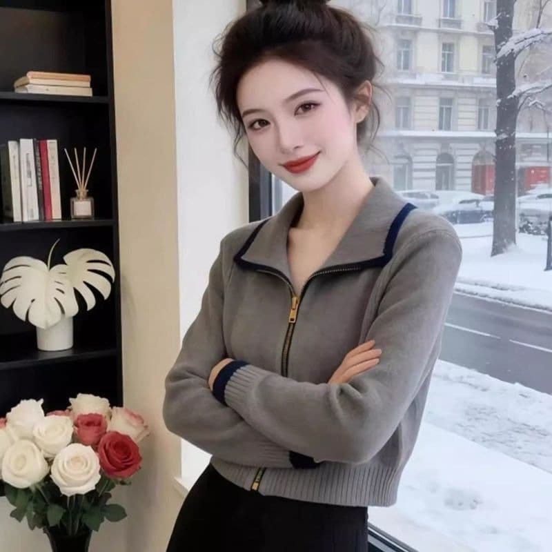 2026 새로운 여성 의류 가을 겨울철 슬림해 보이는 외국 가스 품격 다용도 긴팔 쇼트 스타일 스웨터 회색 폴로 칼라 니트 스웨터 이미지 5