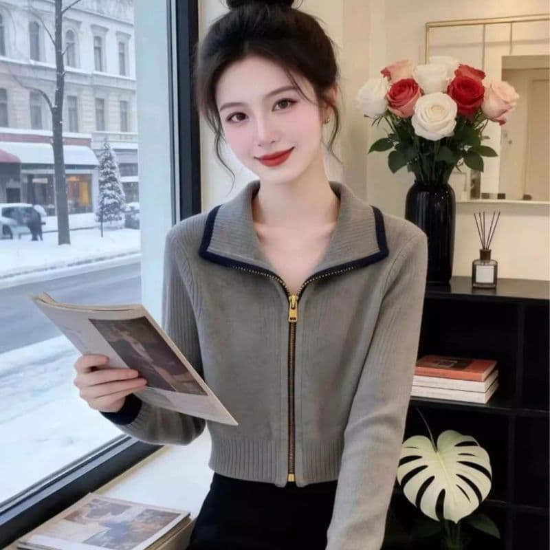 2026 새로운 여성 의류 가을 겨울철 슬림해 보이는 외국 가스 품격 다용도 긴팔 쇼트 스타일 스웨터 회색 폴로 칼라 니트 스웨터 상세 이미지 2