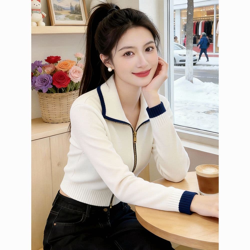 2026 새로운 여성 의류 가을 겨울철 슬림해 보이는 외국 가스 품격 다용도 긴팔 쇼트 스타일 스웨터 회색 폴로 칼라 니트 스웨터 상세 이미지 4