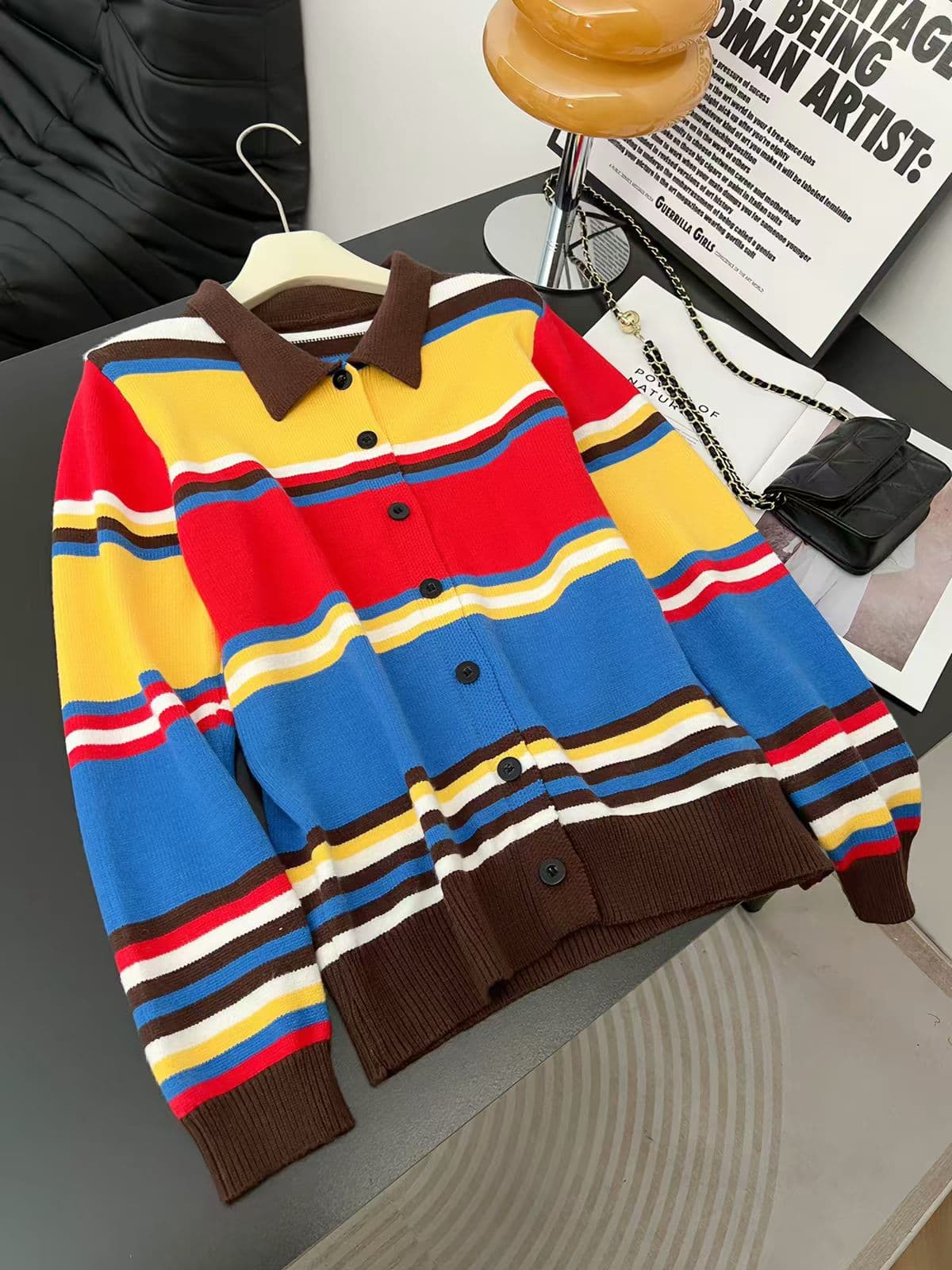레트로 스트라이프 POLO 칼라 니트 오픈 가디건 여성 품격 만나는 스웨터 코트 패션 배색 연령 감소 맨위 상세 이미지 1