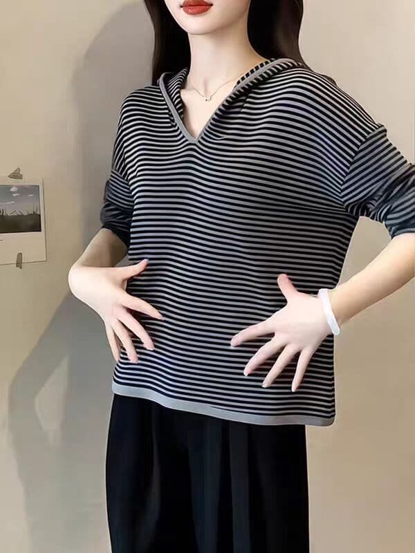 한 부서 캐주얼 스트라이프 니트 후드 티 스웨터 여성 가을 느긋한 바람 루즈핏 슬림해 보이는 V넥 긴팔 맨위 다용도 이미지 4