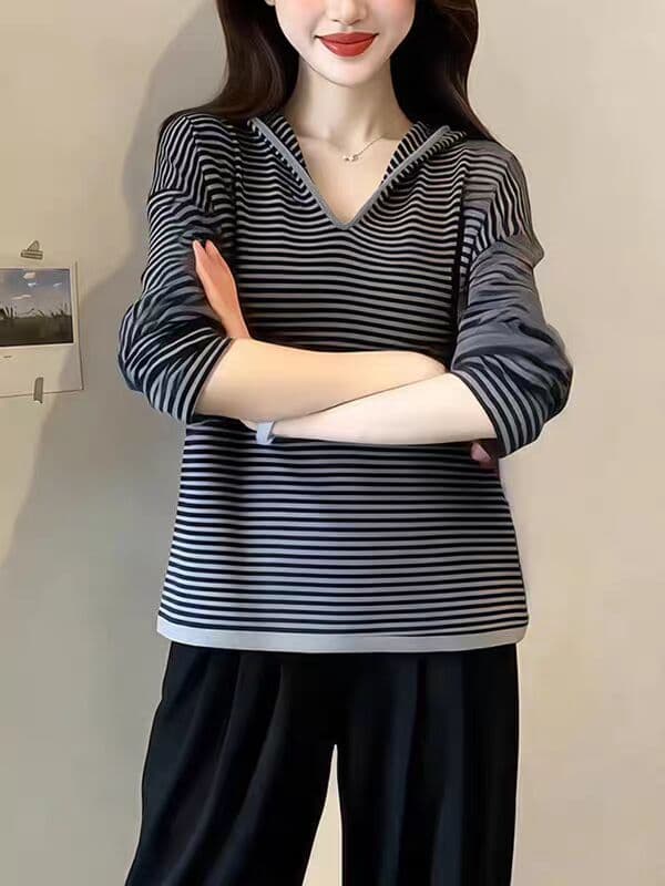 한 부서 캐주얼 스트라이프 니트 후드 티 스웨터 여성 가을 느긋한 바람 루즈핏 슬림해 보이는 V넥 긴팔 맨위 다용도 상세 이미지 2