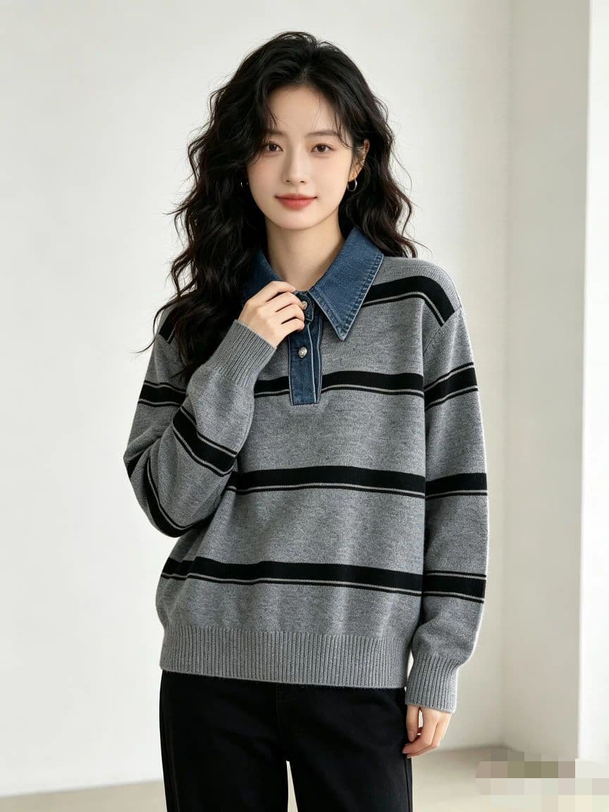 배색 스트라이프 기본 셔츠 여성 가을 겨울 폴로 칼라 긴팔 니트 스웨터 인사이드 가져 가라. 풀오버 긴팔 니트 스웨터 맨위 트렌디