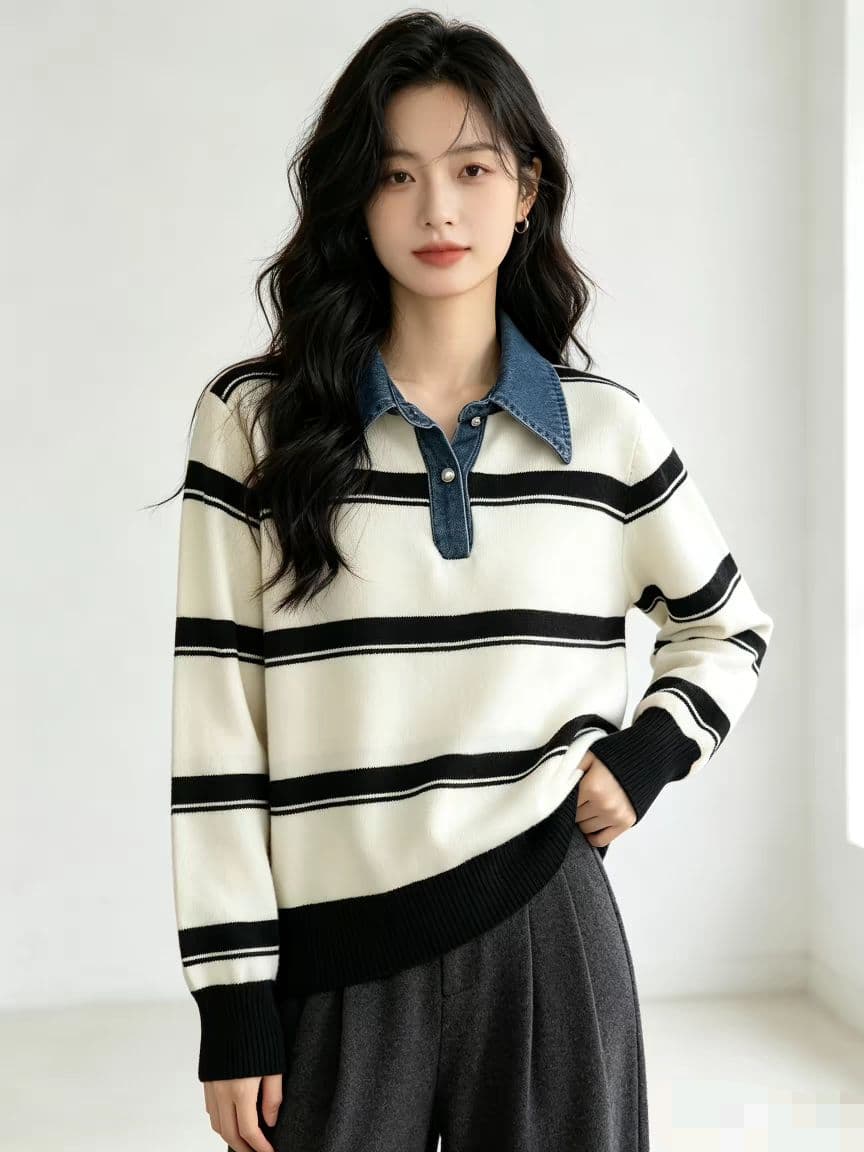 배색 스트라이프 기본 셔츠 여성 가을 겨울 폴로 칼라 긴팔 니트 스웨터 인사이드 가져 가라. 풀오버 긴팔 니트 스웨터 맨위 트렌디 상세 이미지 2