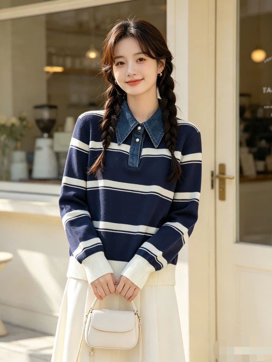 배색 스트라이프 기본 셔츠 여성 가을 겨울 폴로 칼라 긴팔 니트 스웨터 인사이드 가져 가라. 풀오버 긴팔 니트 스웨터 맨위 트렌디 상세 이미지 4