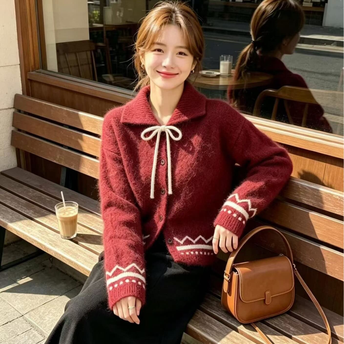 폴로 칼라 레이스업 스웨터 여성 코트 가을 겨울 새로운 니트 오픈 가디건 레트로 자카드 맨위 이미지 5