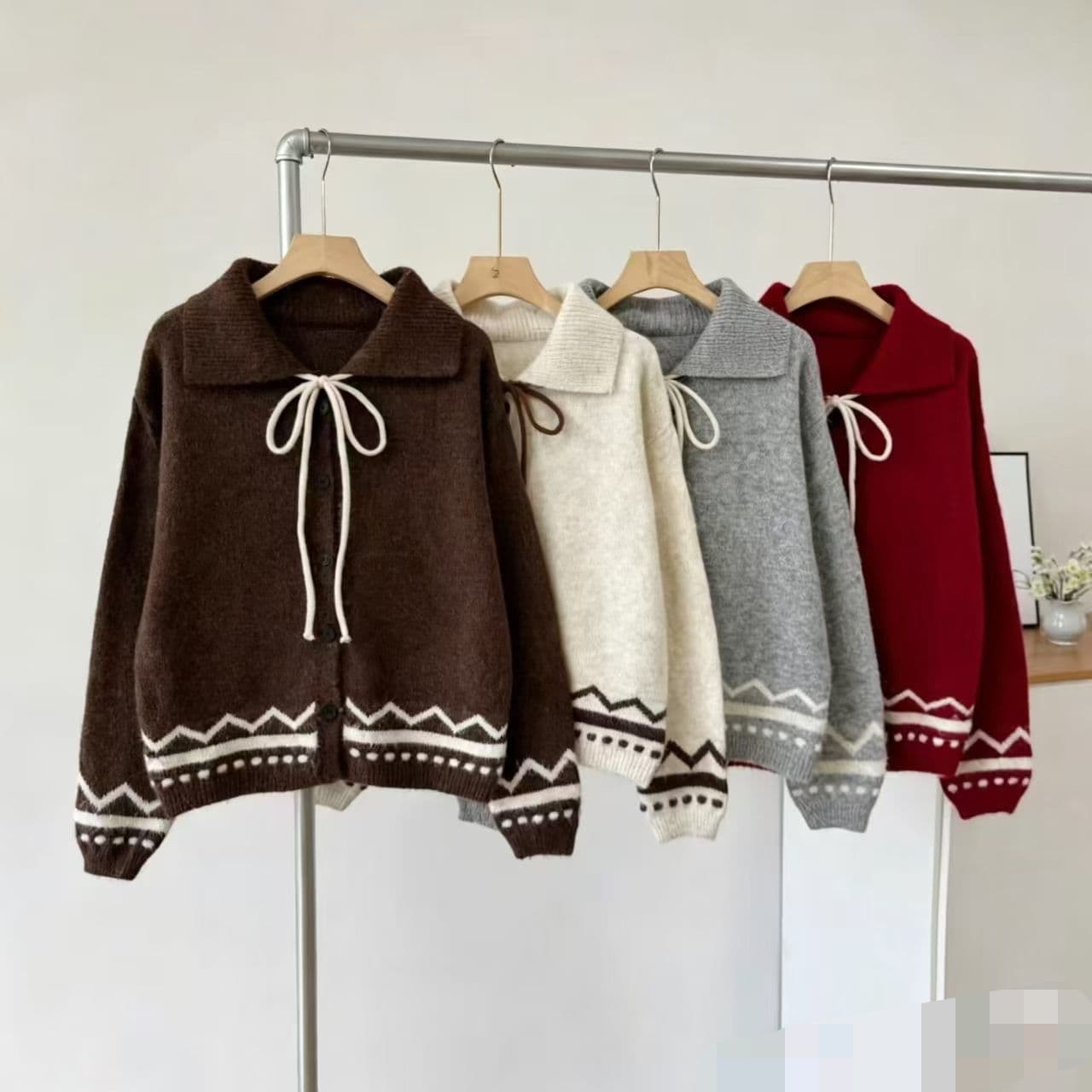 폴로 칼라 레이스업 스웨터 여성 코트 가을 겨울 새로운 니트 오픈 가디건 레트로 자카드 맨위 상세 이미지 1
