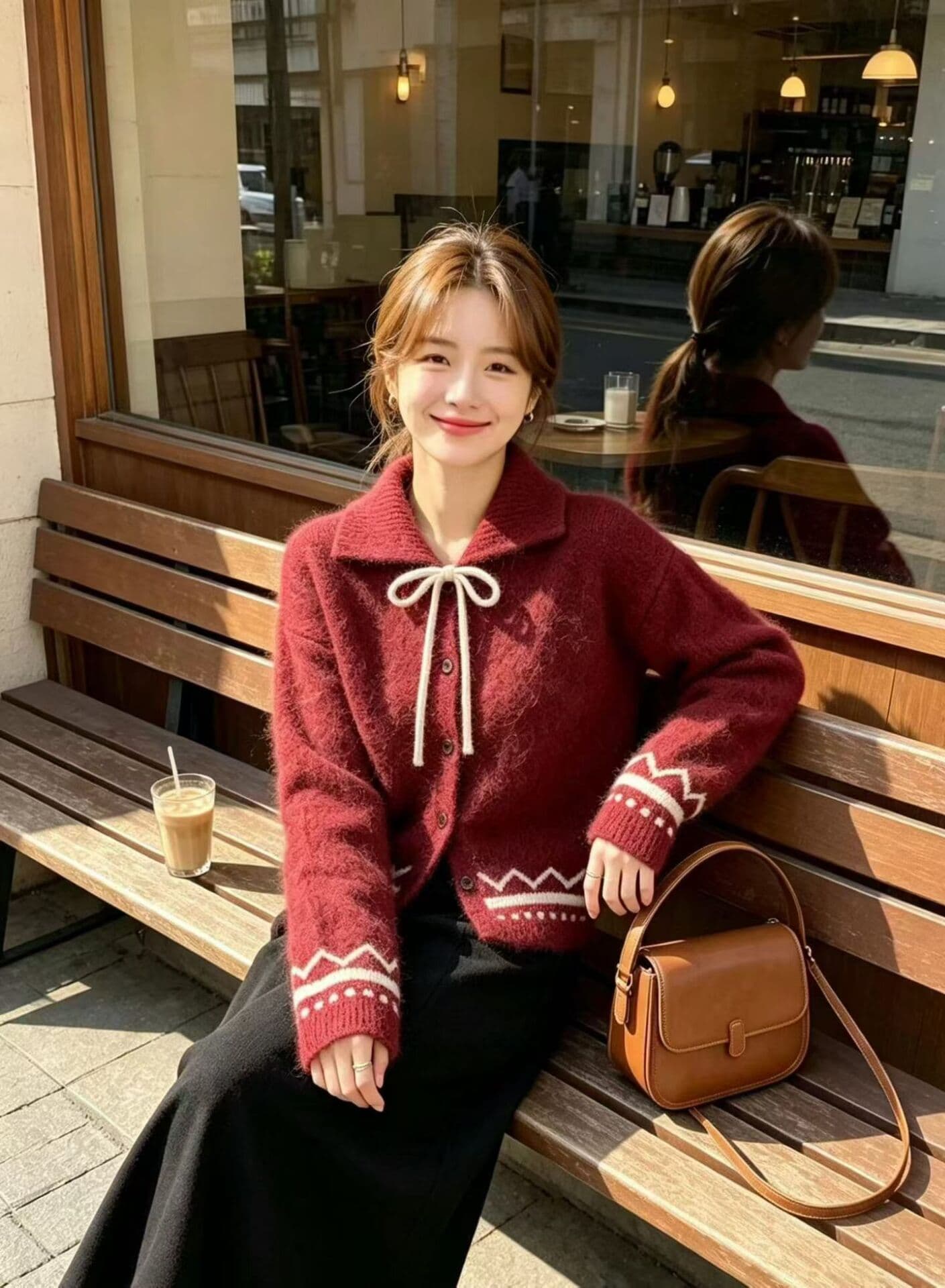 폴로 칼라 레이스업 스웨터 여성 코트 가을 겨울 새로운 니트 오픈 가디건 레트로 자카드 맨위 상세 이미지 3